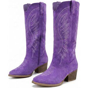 Womens Purple Western Cowboy Boots Embroidered Ankle Booties Block Heel Zips